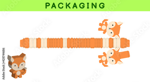 Party favor box die cut fox design for sweets, candies, small presents, bakery. Package template, great design for any purposes, birthdays, baby showers, pinata. Vector stock illustration.