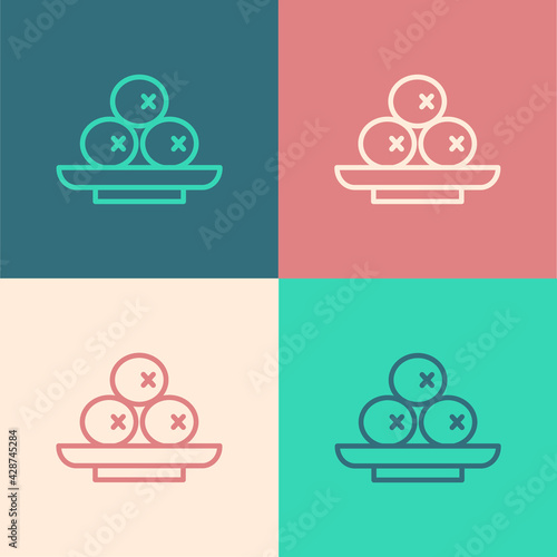 Pop art line Olives on plate icon isolated on color background. Vector
