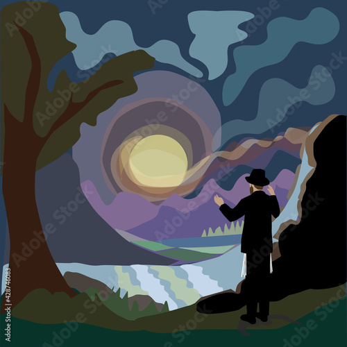 An observant Jewish man stands and watches creation with admiration.
The painting symbolizes the Belief in G-d
Positive Commandment 1.
Colorful vector. Background of spectacular scenery.