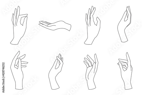 Woman s hand icon outline style. Elegant female hands of different gestures in a trendy minimal linear style. To create prints  logos and designs.