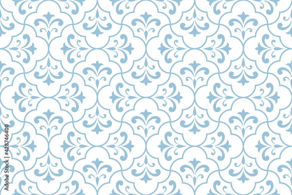 Flower geometric pattern. Seamless vector background. White and blue ornament Flower geometric pattern. Seamless vector background. White and blue ornament
