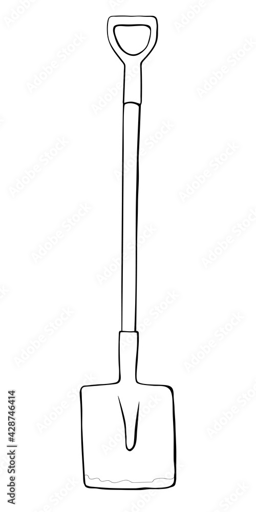 Vector black outline of garden shovel, spade, scoop. Tools for working on the farm, in the dacha, country site in the doodle style. Hand-drawn isolated illustration Vector black outline of garden shovel, spade, scoop. Tools for working on the farm, in the dacha, country site in the doodle style. Hand-drawn isolated illustration