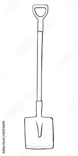 Vector black outline of garden shovel, spade, scoop. Tools for working on the farm, in the dacha, country site in the doodle style. Hand-drawn isolated illustration