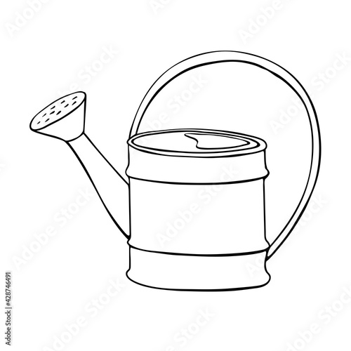 Watering can in hand drawn doodle style isolated on white background. Vector outline illustration. Tools for working on the farm, in the dacha, country