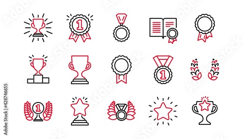 Award line icons. Winner medal, Victory cup and Trophy reward. Achievement linear icon set. Linear set. Quality line set. Vector