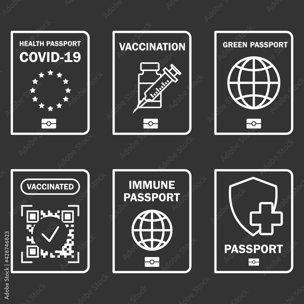 Travel immune document. Covid-19 immunity certificate for safe traveling or shopping. Control Covid-19 in European Union. Immunity paper document from coronavirus. Green health passport