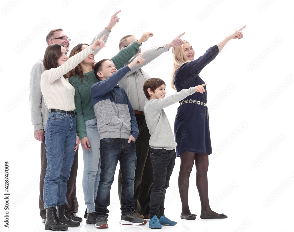 friendly family reading an ad on a white screen .