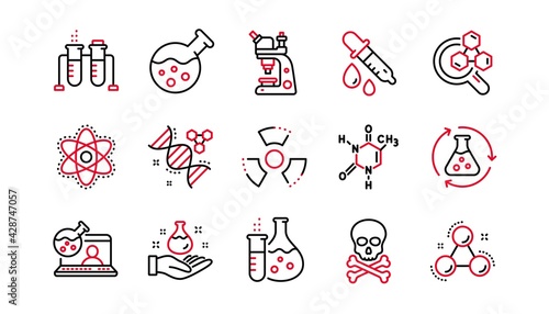 Chemistry lab line icons. Chemical formula, Microscope and Medical analysis. Laboratory test flask, reaction tube, chemistry lab icons. Linear set. Linear set. Quality line set. Vector