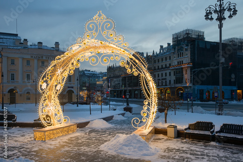 Festive Moscow. New year in Russia. New year's decoration of Moscow streets. Christmas decorations in front of the Bolshoi theater. Winter evening in Moscow. Christmas in Russia.