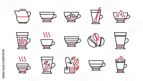 Coffee types and Tea icons. Mocha, Cappuccino and Latte. Americano cup linear icon set. Linear set. Quality line set. Vector