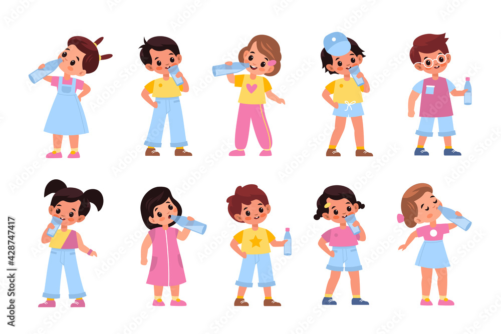 Kids drink water. Funny little children with glasses and bottles, thirsty boys and girls liquid consumption, body hydration, educational healthcare concept. Vector cartoon isolated set Kids drink water. Funny little children with glasses and bottles, thirsty boys and girls liquid consumption, body hydration, educational healthcare concept. Vector cartoon isolated set