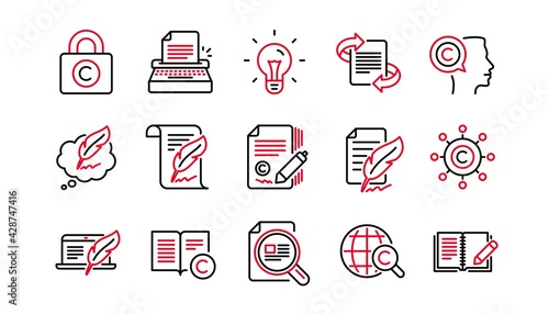 Copywriting line icons. Copyright, Typewriter and Feedback. Legal content linear icon set. Linear set. Quality line set. Vector
