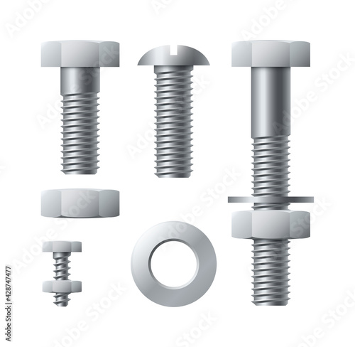 Metal screws. Stainless realistic bolts with tightened nuts, iron threaded nails with polygonal and round heads. Silver colored hardware assortment building equipment vector isolated set