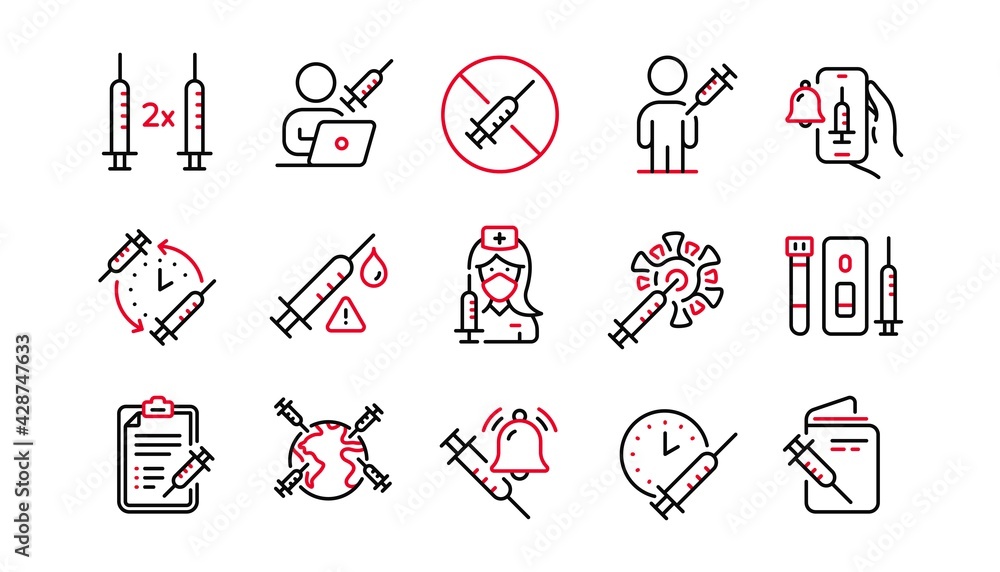 Vaccine line icons. Corona jab, Medical Syringe, Vaccination passport icons. Covid vaccine, Human jabbed and Coronavirus dose. Syringe needle, Corona injection, Vaccination notification. Vector Vaccine line icons. Corona jab, Medical Syringe, Vaccination passport icons. Covid vaccine, Human jabbed and Coronavirus dose. Syringe needle, Corona injection, Vaccination notification. Vector