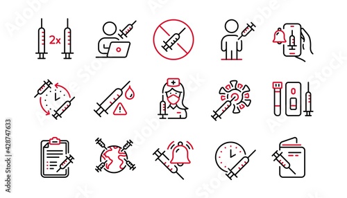 Vaccine line icons. Corona jab, Medical Syringe, Vaccination passport icons. Covid vaccine, Human jabbed and Coronavirus dose. Syringe needle, Corona injection, Vaccination notification. Vector