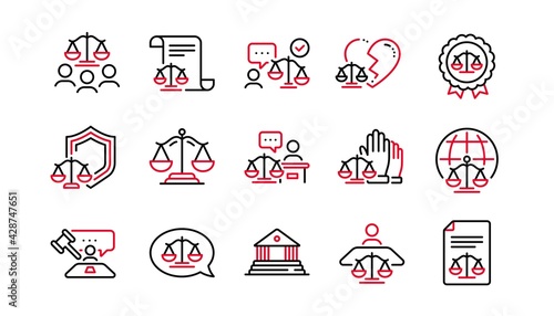 Court line icons set. Lawyer, Scales of Justice and Judge. Hammer, Law and Petition document set icons. Judgment, justice, court injunction. Gavel judge hammer, rulings, presiding officer. Vector