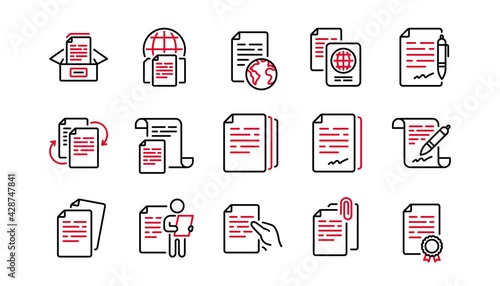 Documents line icons set. Copy files, Contract agreement, Passport. CV interview, documents workflow, attachment clip icons. Change files, bureaucracy and contract signature. Linear set. Vector