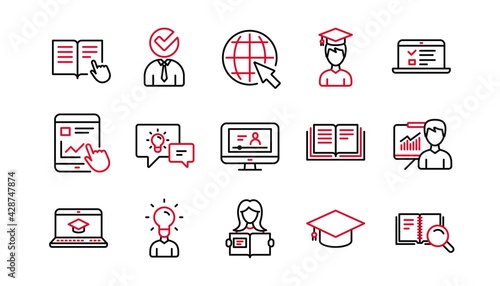Education line icons. Book, Video tutorial and Instructions. Presentation linear icon set. Linear set. Quality line set. Vector