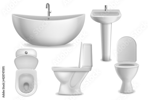 Bathroom realistic objects. White bathtub, toilet seat and washbasin with faucet. Lavatory ceramic bowls top, side and front view. Cloakroom interior sanitary 3d elements vector isolated set