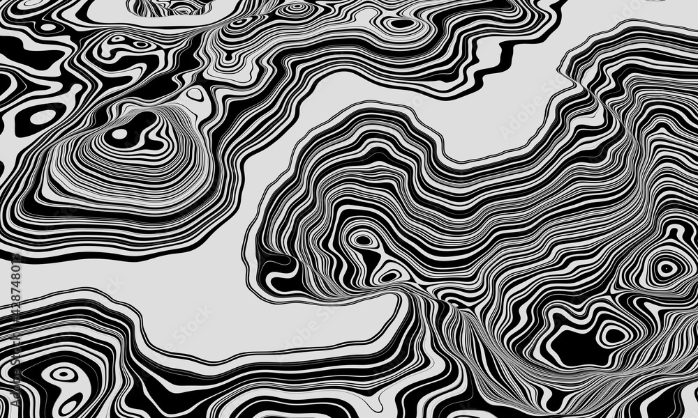 3D rendering. Black and white mountain contour lines. Topographic terrain. 3D rendering. Black and white mountain contour lines. Topographic terrain.