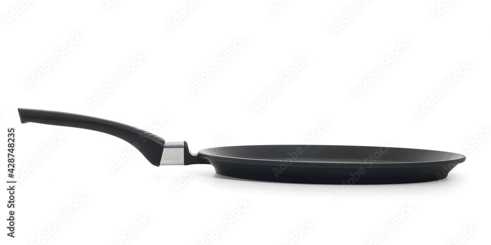 Black pancake frying pan isolated on white background Black pancake frying pan isolated on white background