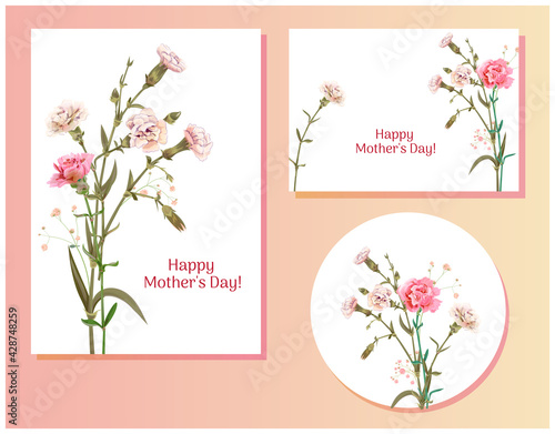 Set of templates for Mother's Day (vertical, horizontal, round): carnation schabaud: red, pink, white flowers, green leaves, white background, hand draw, vintage botanical illustration, vector