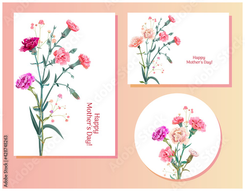 Set of templates for Mother's Day (vertical, horizontal, round): carnation schabaud: red, pink, white flowers, green leaves, white background, hand draw, vintage botanical illustration, vector