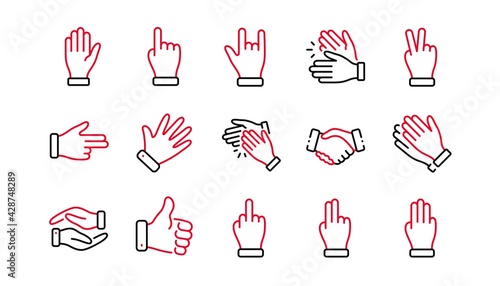 Hand gestures line icons. Handshake, Clapping hands, Victory. Horns, Thumb up finger, drag and drop icons. Donation hand gestures, middle finger, helping hand. Linear set. Linear set. Vector
