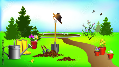 Gardening tools - boots, a shovel, a watering can and pots with flowers for planting in a flower bed against the backdrop of a garden landscape with trees and birds in the sky. Vector drawing. 