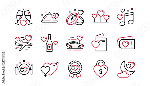 Honeymoon line icons set. Marriage rings, Wedding car, love. Bridal champagne, Valentine heart icons. Couple tickets, honeymoon travel, married night. Wedding love music. Linear set. Vector