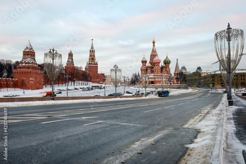 MOSCOW, View of Vasilievsky Spusk, Red Square, St. Basil's Cathedral and the Spasskaya Tower of the Moscow Kremlin on a frosty winter morning