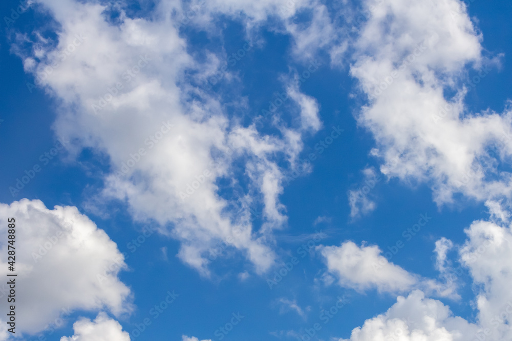 Fototapeta premium Beautiful summer sky with white cumulus fluffy clouds background.
