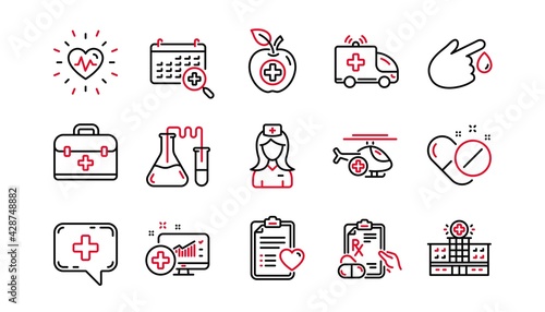 Medical line icons. Hospital assistance, Health food diet and Laboratory. Chemistry linear icon set. Linear set. Quality line set. Vector