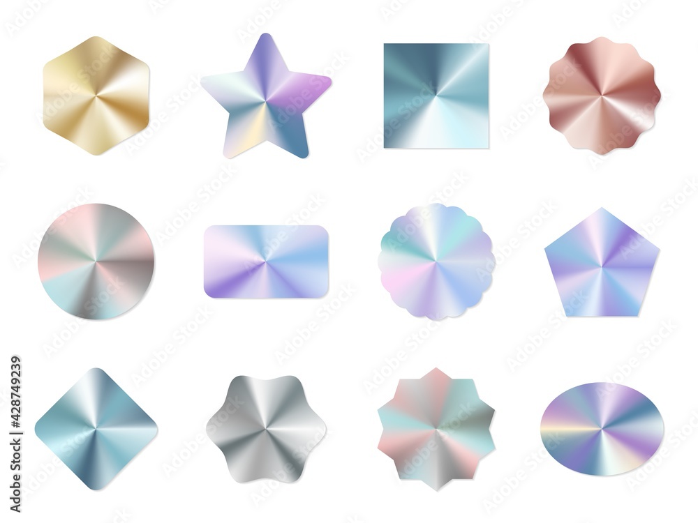 Holographic labels. Round gradient metal certification glitter stickers, shine iridescent circle and square tag, multicolor geometric blank guaranteed badges mockups. Vector isolated set Holographic labels. Round gradient metal certification glitter stickers, shine iridescent circle and square tag, multicolor geometric blank guaranteed badges mockups. Vector isolated set