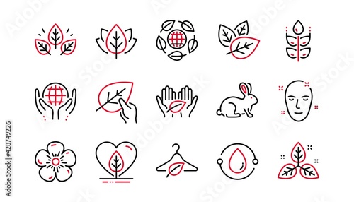 Organic cosmetics line icons. Slow fashion, synthetic fragrance, fair trade. Sustainable textiles, animal testing, eco organic icons. Linear set. Linear set. Quality line set. Vector