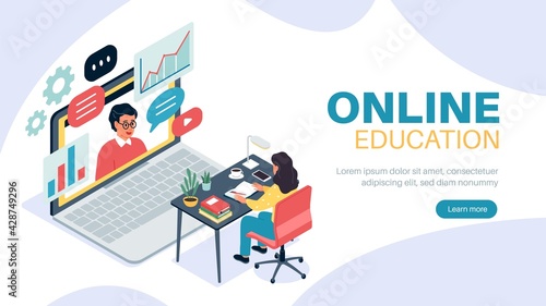 Isometric distance learning. Woman sitting at desk back view, laptop with teacher on screen, man gives lecture or seminar online, college student or pupil internet webinar vector concept