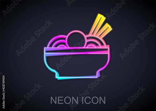 Glowing neon line Asian noodles in bowl and chopsticks icon isolated on black background. Street fast food. Korean, Japanese, Chinese food. Vector