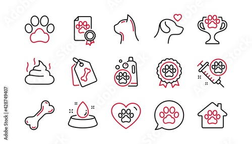 Pets line icons set. Dog care, veterinary and cat food. Lovely animals, shampoo for pets and doghouse icons. Vaccine, pet care and dog paw. Winner cup, certificate and medal. Animal feces. Vector