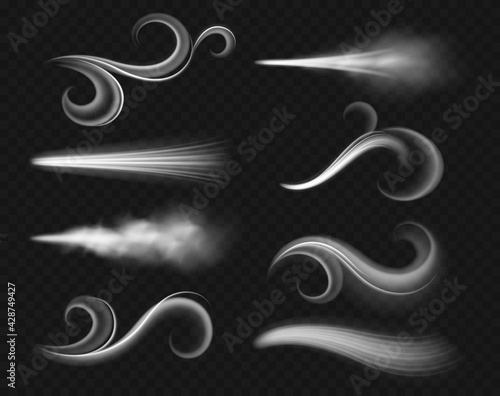 Wind air streams. Realistic storm waves, abstract dry smoke flow, visible curls and tufts, spreading cloudy breath, dynamic forms, physical weather processes vector isolated set