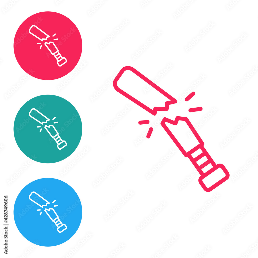 Red line Broken baseball bat icon isolated on white background. Set icons in circle buttons. Vector Red line Broken baseball bat icon isolated on white background. Set icons in circle buttons. Vector