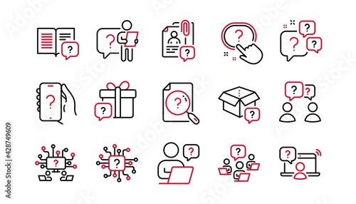 Questions line icons. Artificial Intelligence computer, phone with Question mark, Problem solve. Quiz, faq guide, job interview line icons. Ask person, question chat bubble. Linear set. Vector