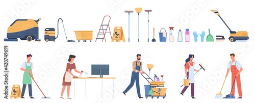 Cleaning equipment. Professional household services employees. Office and industrial premises hygiene, staff with detergents, special tools and industrial washer equipment vector set