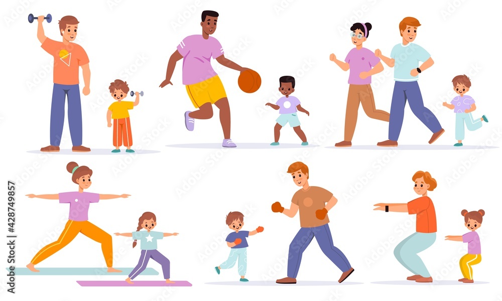 Family sport. Various families activities, adults and kids fitness training with children, boy and girl with parents healthy lifestyle. Running basketball and boxing vector cartoon set