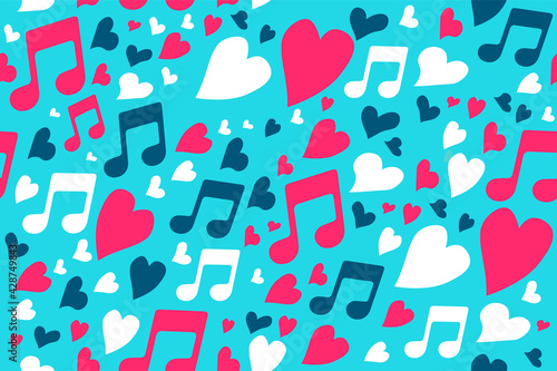 Music hearts abstract seamless pattern. Repetitive vector illustration of music notes and hearts. Favourite playlist, music love.