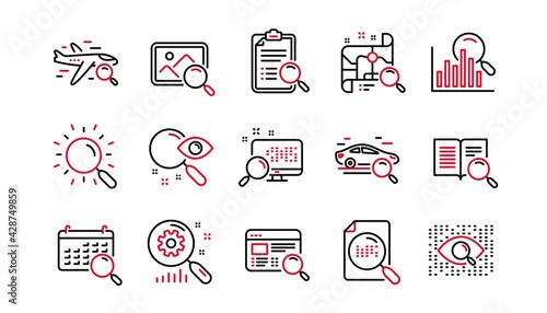Search line icons. Indexation, Artificial intelligence and Car rental. Search images linear icon set. Linear set. Quality line set. Vector