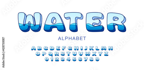 Cartoon water font with dark outline and flat blue waves, funny blue alphabet with outline comic letters and numbers set.