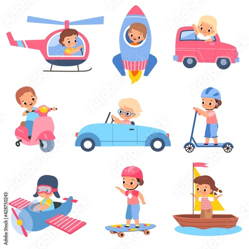 Children drivers. Young happy kids characters in different transport, cute little travellers, boys and girls in vehicles car and scooter, plane and rocket. Vector cartoon isolated set