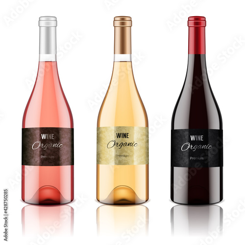 Set of transparent wine bottles with label, isolated.	