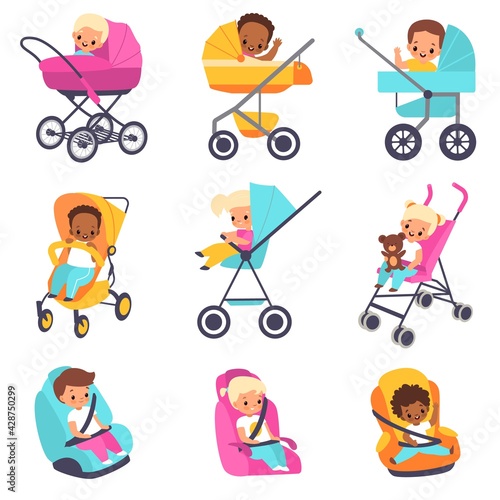 Baby carriage. Children in kids strollers, boys and girls in car seats, little multiethnic babies in perambulator or booster chair, safe convenient babies transportation vector cartoon set