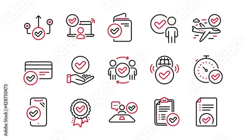 Approve line icons set. Accepted document, right choice, interviewed. Quality check, protection, checklist icons. Guarantee document, accepted card, approve verification. Flight confirmed. Vector
